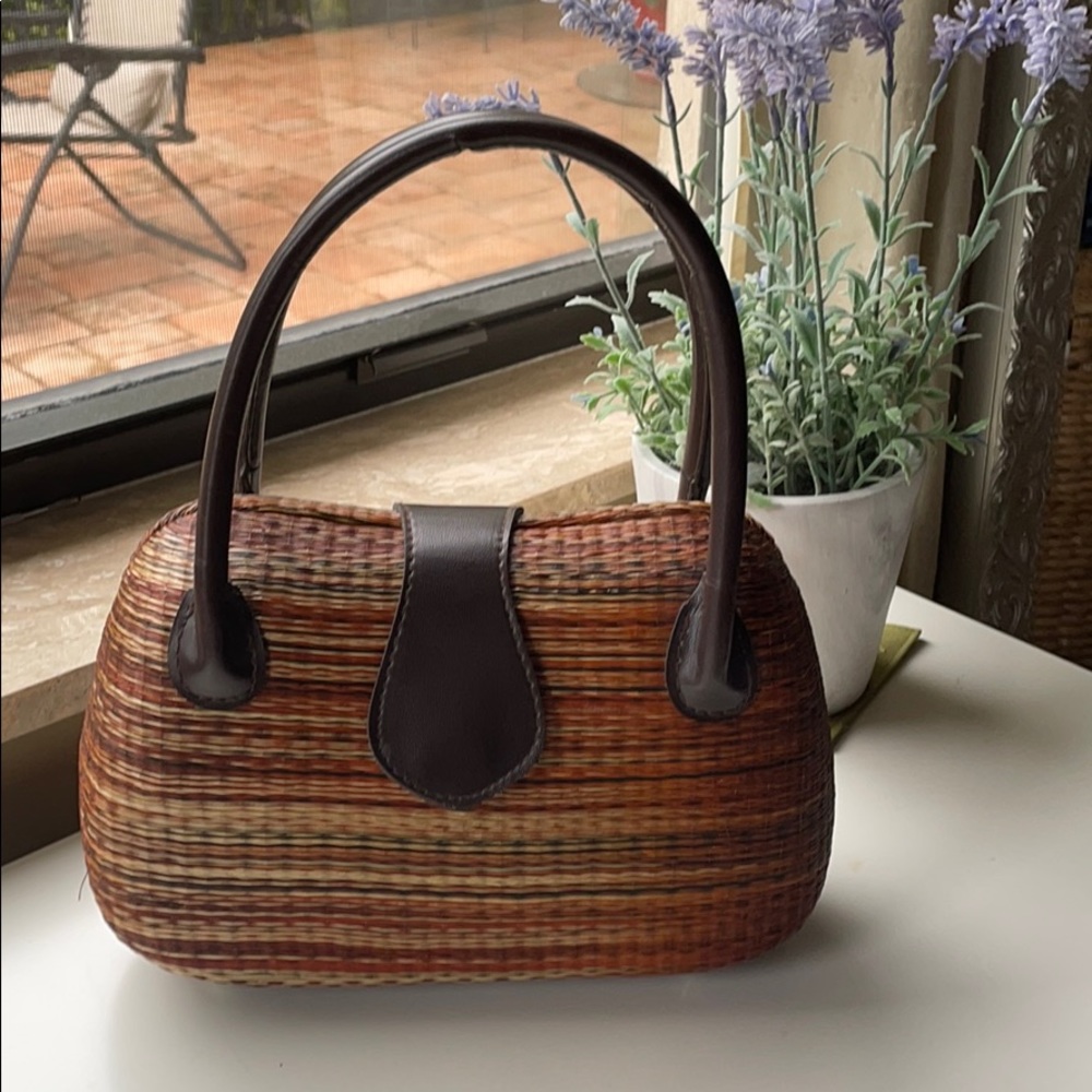Anthropologie Woven Mini Bag in Brown and Tan with Dark Brown Trim